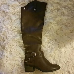 Brown Faux Leather Knee High Riding Boots